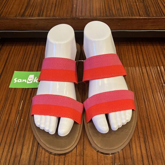 New Sanuk Yoga Cabaret & Tomato Gora Gora Double Banded Slip On Sandals Size 10 - Picture 1 of 8